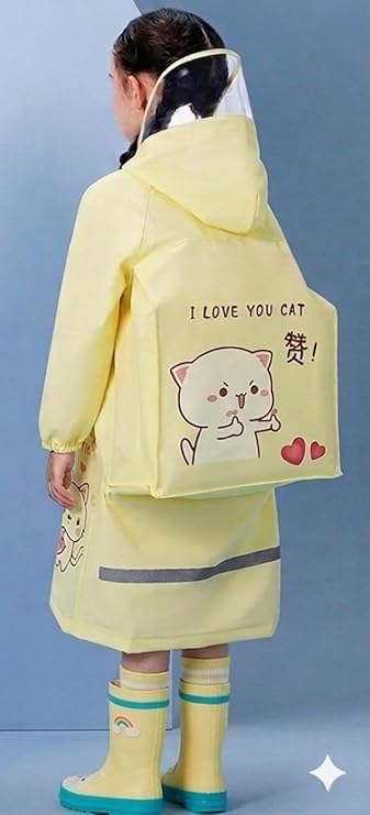 Krystle Girls Waterproof Raincoat with School Bag Cover | Cute Cat Print Hooded Rain Wear for Kids | Full Length Rain Coat (Yellow,10-11 Years) 1