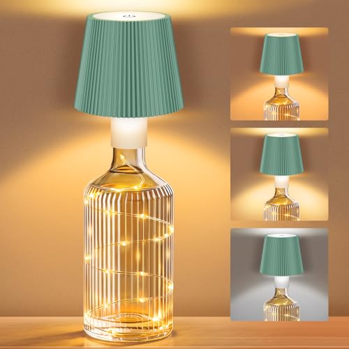 ICARE LED Flaschenlampe mit Lichterkette Kabellose Flaschenlicht USB-C Aufladbar Touch Dimmbar mit 3 Farbtemperaturen IP54 für Balkon Terrasse Restaurant Schlafzimmer Bar und Camping Grün