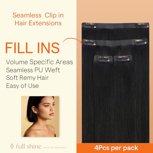 Image of Full Shine Seamless Clip in Hair Extensions, Jet Black, Soft Texture | Invisible PU Weft, 18 Inch 85g 4 Pcs, Fills Thinning Areas for Everyday Styling