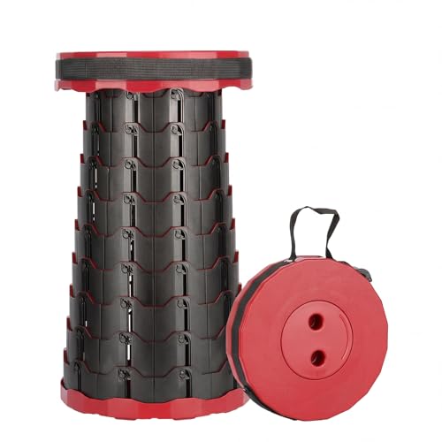 Poxvalzor 折りたたみ椅子 携帯椅子 伸縮式 折り畳み 一秒開閉でき 高さ調節可能 超軽量 コンパクト 持ち運び 耐荷重250KG 簡易 携帯便利 ポータブル キャンプ アウトドア 野外レジャー用 組み立て不要 丸 (直径25×高さ6.5~45cm，黒地に赤)