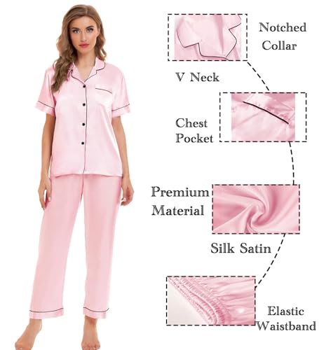 Image of SWOMOG Women Satin Pajamas Set Short Sleeve Top & Pants Sleepwear Silky Button Down Nightwear 2pcs Loungewear Pjs Set