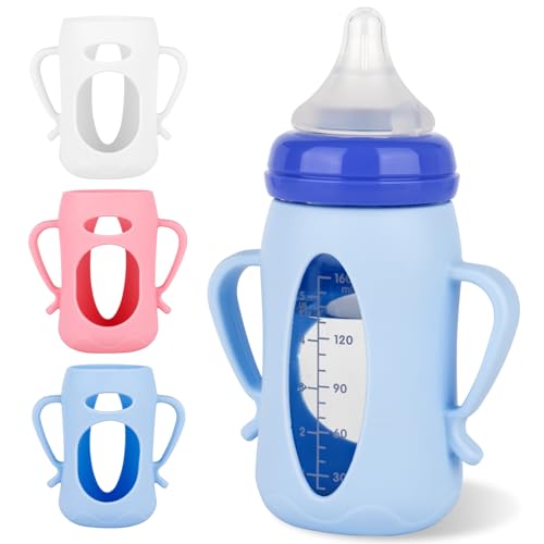 Image of Silicone Sleeves for Lansinoh Glass Baby Bottles 5oz,Anti Breakage Baby Bottle Holder with Handles 3 Pack
