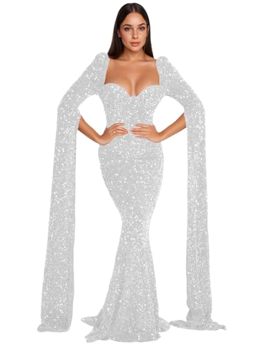 Mermaid Sequin Prom Dresses Long Pleated Cap Sleeve