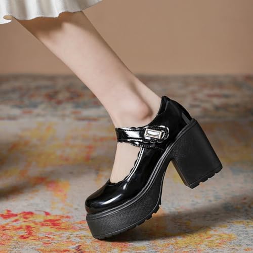 Image of Women's Platform Mary Janes Heart Cat Buckle Rivets Ankle Lolita Gothic Princess Platform Pumps Patent Leather Thorn Vintage Traditional Embroidery Upper Dress Shoes