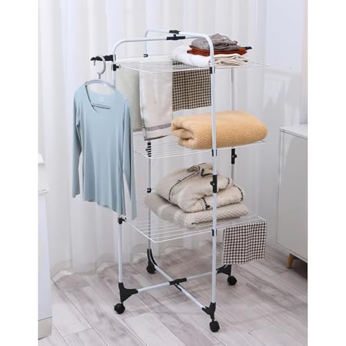 Image of Lukzer Premium 3-Tier Foldable Clothes Drying Rack with Wheels | Portable Laundry Stand for Indoor, Balcony, Apartment | Space-Saving Multi-Layer Cloth Hanger, Heavy-Duty 135x67 cm CH-467