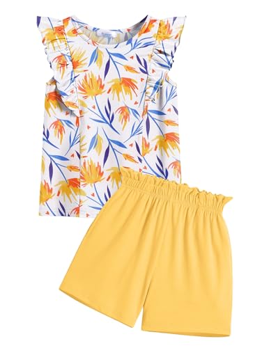 Image of Arshiner Girls Clothes Summer Outfits Ruffle Sleeve Tops and Paperbag Waist Shorts with Pockets Kids Clothing Set