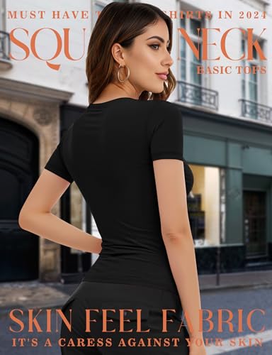 Womens Basic Square Neck Short Sleeve T Shirt Slim Fit Tee 2025 Summer Y2k Going Out Crop Tops Tight Sexy Shirts3