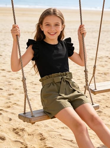Image of Girls 2 Piece Outfits Summer Ruffle Sleeve Top and High Waisted Striped Shorts Set, Cute Casual Clothes for Girls 7-14 Black Green 9-10 Years