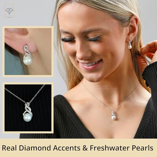 Real Diamond Sterling Silver Pearl Necklace and Earring Set | Hypoallergenic Real Cultured Freshwater Pearl Jewelry Set with 18 Inch Silver Chain | Diamond Bridal Bridesmaid Set for Women with Gift Box by MAX + STONE2