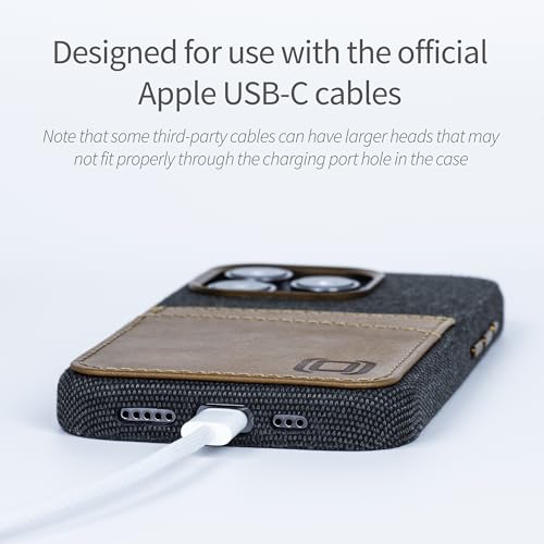 Image of Dockem Fabric Card Case for iPhone 15 Pro with Built-in Metal Plate for Magnetic Mounting, Stitched-on Genuine Leather Wallet with 2 Credit Card /ID Slots: M2F 15 Pro [Grey w /Light Brown]