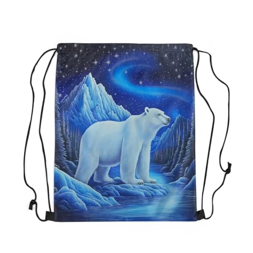 Castle Fairy Polar Bear Drawstring Backpack,Iceberg Snow Mountain Drawstring Bag,Aurora Starry Galaxy Adjustable Draw String Bag,Lightweight2