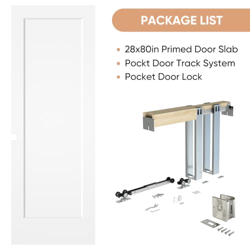 Image of BARNSMITH 28in x 80in 1-Panel White Paintable Sliding Pocket Door | Pocket Door Hardware with 1-Panel Door Slab & Satin Nickel Privacy Latch, Soft Close Mechanism, Durable and Smooth