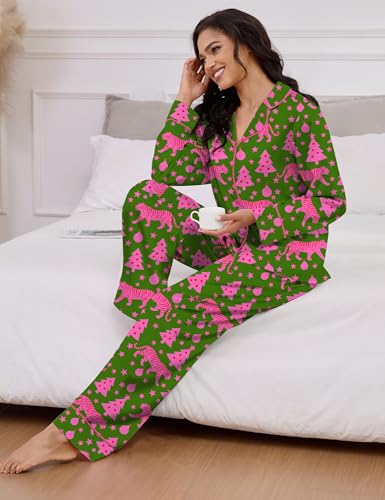 Image of SHESHOW Satin Pajamas Set for Women Set Long Sleeve Button Down Pjs Sets 2 Piece Loungewear Animal Sleepwear XS-XXL