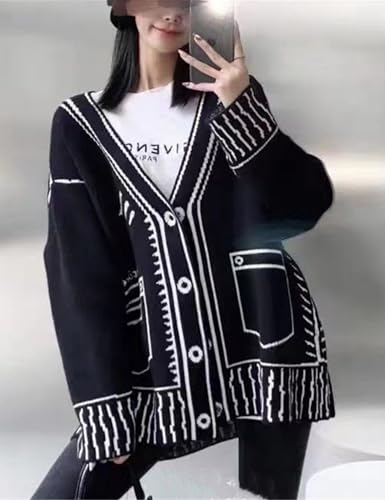 Image of Women Print Graffiti Unique Cardigan Sweater Y2k Fake Pocket Long Sleeve Button Up Open Front Knit Sweaters Coat