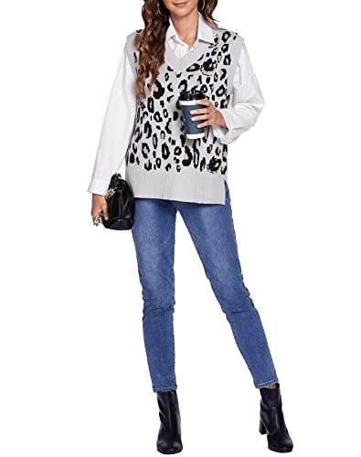 Hotouch Knit Vest For Women Sleeveless Pullover V Neck Cheetah Print Knitted Sweater Vest, Grey S #TOP5