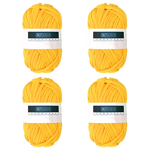 4Pcs 100g Hilos Gruesos para Tejer y Hacer Ovillo de Lana Ganchillo Hilo de Camiseta Hilos de Tejer Hilo de Algodón Suave y Grande Hilos para Cestas Bolsos Mantas Sombreros Zapatos Amarillo