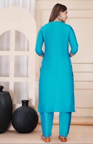 Image of Women's Silk Embroidered Kurta with Pant and Dupatta Set, Straight Style