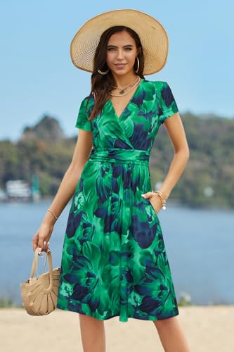 Image of Newshows Women's Pockets Wrap V Neck Floral Summer Vacation Casual Sundress | Wrinkle Free, Stretchy, Summer Beach Floral Sundress 2026, Casual Dress for Vacation, Guaduation, Side Pockets, A-line