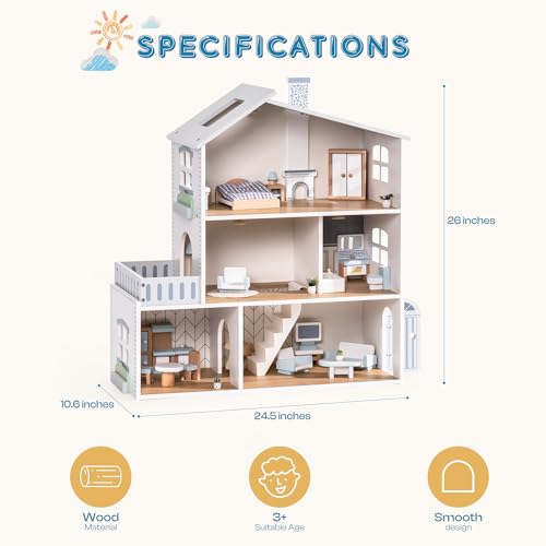 ROBOTIME Wooden Dollhouse, Wooden Doll House with 29 Pieces of Furniture, 6 Rooms Fits 4-6 Inch Dolls, Gift for Kids Ages 3+ - Thumbnail 7