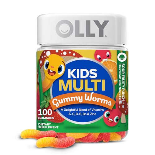 OLLY Kids Multivitamin Gummy Worms Overall Health and Immune Support Vitamins and Minerals A C D E Bs and Zinc Kids Chewable Supplement Sour Fruit Punch 45 Day Supply - 100 Count