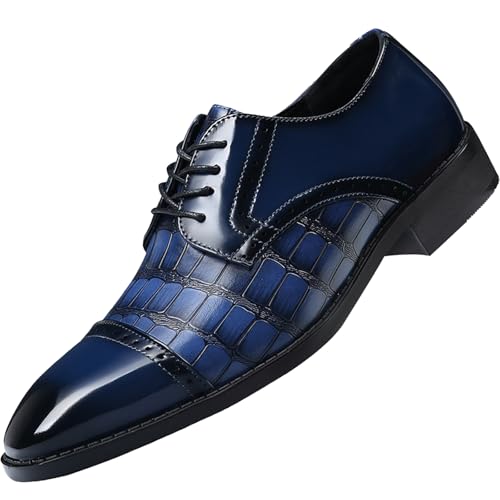 Men's Retro Leather Print Lace Up Dress Oxfords Fashion Pointed Toe Comfortable Non-Slip Low Chunky Heel Derby Shoes for Formal Business Wedding Party