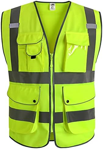JKSafety 9 Pockets Class 2 High Visibility Zipper Front Safety Vest With Reflective Strips,Meets ANSI/ISEA Standard (Medium, Yellow)