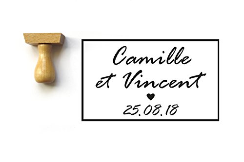 Sello de boda personalizado, estilo clásico y chic, sello personalizable con nombres y fecha de boda. Forma rectangular.