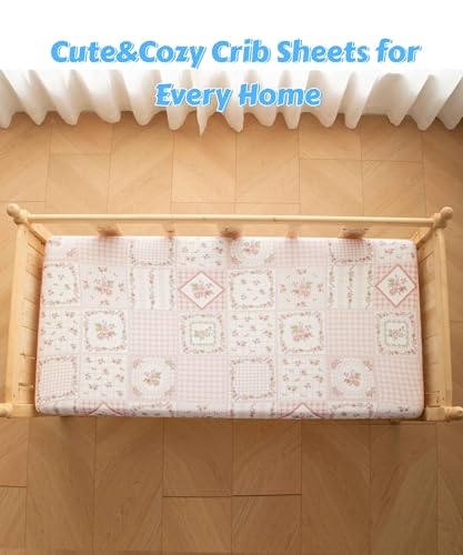 Image of SDY Jersey FloralCrib Sheets for Baby Girls,52 inchx28 inchx8,2 Pack,Pink Flower Standard Oval /Retangle Crib Mattress Sheets for Toddler,Super Soft Breathable