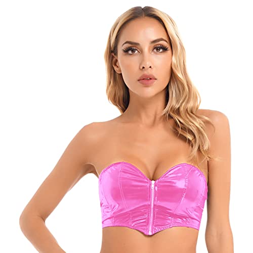 iixpin Damen Wetlook Bandeau Oberteil Sexy Tops Bustier Lack Leder BH Push Up mit Schnürung Schulterfrei Gothic Punk Outfit Clubwear Hot Pink XL Cover