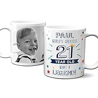 A personalised photo mug is the perfect birthday present for a 21 year old man. Words read: NAME – World’s Greatest 21 Year old – What a legend! Easily Customise by adding a NAME and PHOTO. Dishwasher safe high quality same day courier despatch from ...