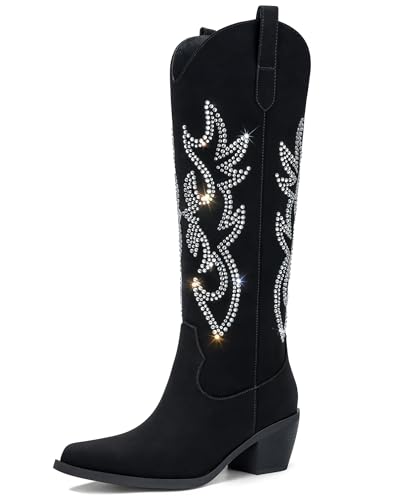 Image of Pasuot Western Cowboy Boots for Women - Knee High Wide Calf Cowgirl Boots, Slip On Pointed Toe Chunky Heel Fashion Retro Classic Pull On Tall Boot for ladies Party concert