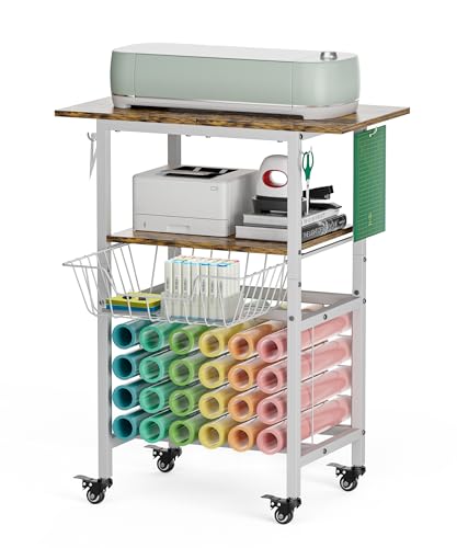 Queension Craft Cart with Wheels Compatible with Cricut Machines, Craft Organization and Storage Stand with Craft Table for Cricut Accessories, Rolling Storage Cart with 24 Vinyl Roll Hollers, White
