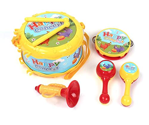 MeeYum Baby Musical Toys Pretend Play Drum Set Instruments 4 Pc Band Includes Bell, Horn, Sand Hammer, Drumsticks for Toddler and Kids