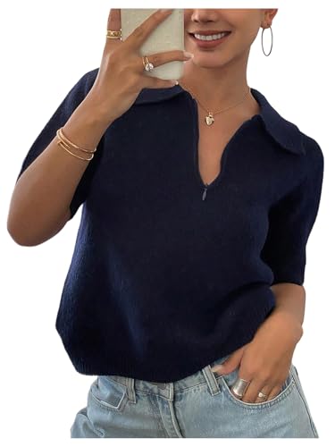 MakeMeChic Women's Old Money Short Sleeve Sweater Half Zip Collared Knit Pullover Tops