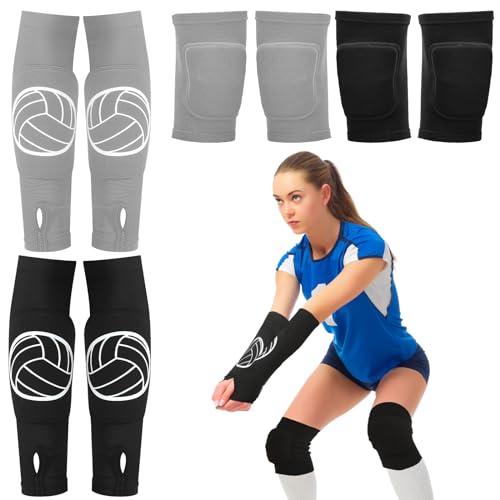 Sosation 2 Set Volleyball Knee Pads and Volleyball Arm Sleeves with Protection Pad Compression Forearm Wrist Guard with Thumb Hole Soft Breathable for Hitting Passing(Black, Gray)