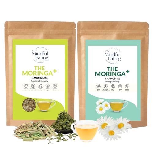 Image of Mindful Eating Pure Moringa Leaves Tea Combo Pack 2 - Lemongrass 70 g & Chamomile Flowers 70g - Dried Drumstick Tree Leaves, Immunity Booster, Caffeine-free, Herbal Drink