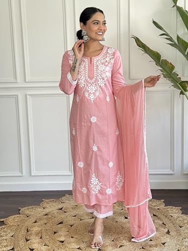 Image of Yashika Women Peach Chikankari Work with Pure Cotton Fabric Straight Kurta, Pant and Dupatta Set | Kurta Set for Women