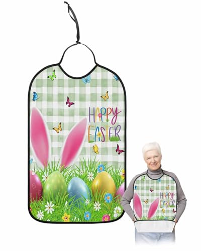 LEOKOTI Easter Adult Bibs for Eating, Waterproof Bibs with Food Catcher & Adjustable Snap Closure, Spring Floral Botanical Eggs Bunny Teal Plaid Washable Clothing Protectors Adult Bibs for Elderly