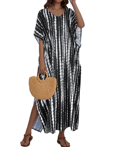 Image of Kaftan Dresses for Women V Neck Caftan Batwing Sleeve Swimsuit Cover Up | JILUVIN Plus Size Beach Swimwear Dress, Loose Fit Maxi Print Moomoo, Casual Mumu Nightgown Mrs Roper Costumes Vocation 2026