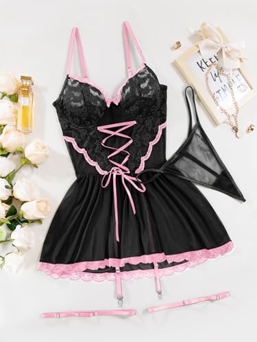 Image of Lilosy Sexy Garter Belt Mesh Lace Babydoll Lingerie Dress Set with Thong