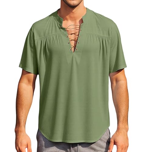 Camisas Hombre Lino Algodon Camisa de Manga Corta con Cuello Atado y Color Liso para Primavera y Verano para Hombre