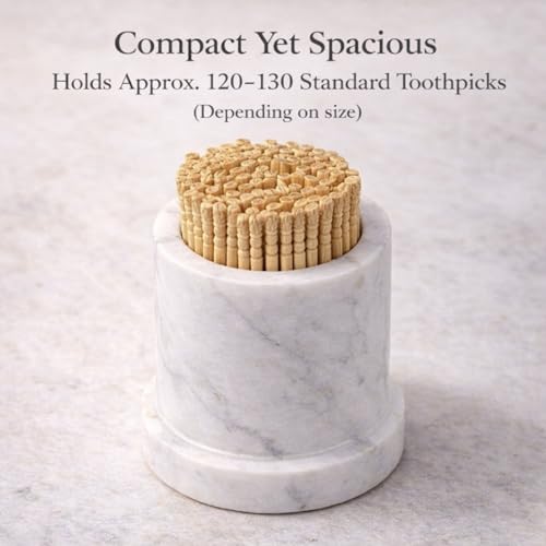 Image of Solid White Marble Toothpick Holder with Lid, 3.25 inch | Natural Stone, Cotton Swab & Floss Pick Holder, Small Countertop Storage Jar, Handcrafted, 330g