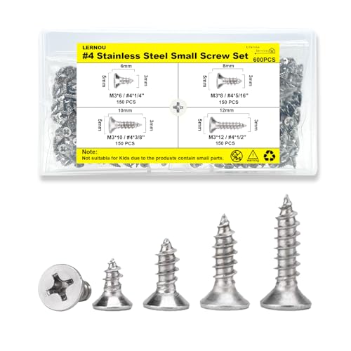 600 pcs Wood Screws Assortment M3 Countersunk Self Tapping Screws Stainless Steel Small Screw Suitable for Furniture Woodworking DIY Model Fixing(6mm 8mm 10mm 12mm)