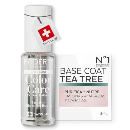 PODERM Esmalte de Uñas con Tea Tree - Base Coat | 8 ML - Swiss Lab | Purifica, Aclara y Nutre Uñas Amarillas y Dañadas | Enriquecido con Té de Árbol, Silicio y Biotina | Creado por un Podólogo