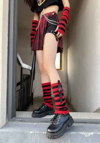 Y2k Leg Socks Arm Sleeve for Women, Red Black Knitted Striped Arm Warmers Leg Warmers 80s Outfit Grunge Accessories2