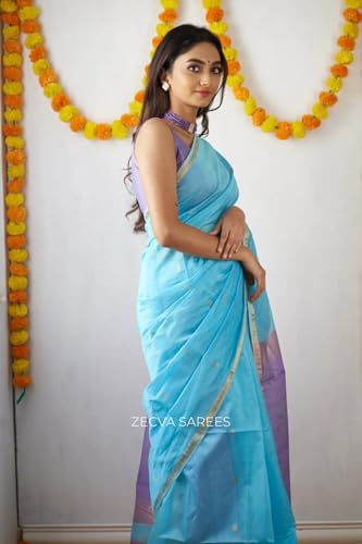 Image of ZECVA Women's Pure Soft Spun Cotton Lichi Silk Saree For Women With Attach Unstitch Blouse Piece