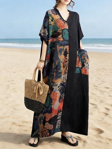 Image of Plus Size Summer Dress Printed V Neck Casual Loose Long Dresses with Pockets