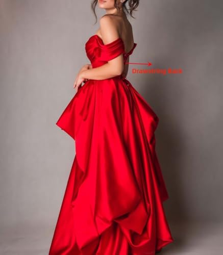 Off Shoulder Satin Prom Ball Gown Long Ruched A Line Fluffy Wedding Formal Evening Party Dress with Slit2