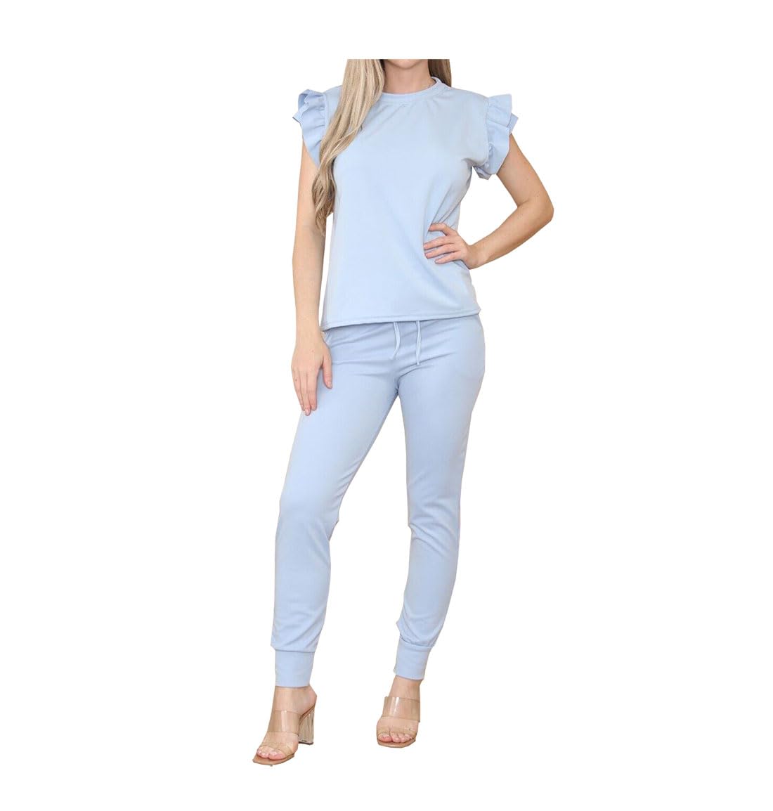 asfashion online Womens Ruffle Frill Short Sleeve Top and Bottom 2Pcs Set Ladies Crew Neck Loungewear Tracksuit (Sky Blue UK 12-14)