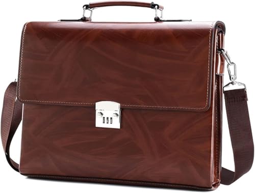 Men Business Briefcase with Password Lock, Large Capacity Leather Shoulder Messenger Bag (Brown)